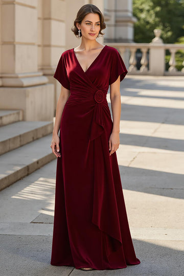 A Line V-Neck Ruched Long Burgundy Mother of the Bride Dress